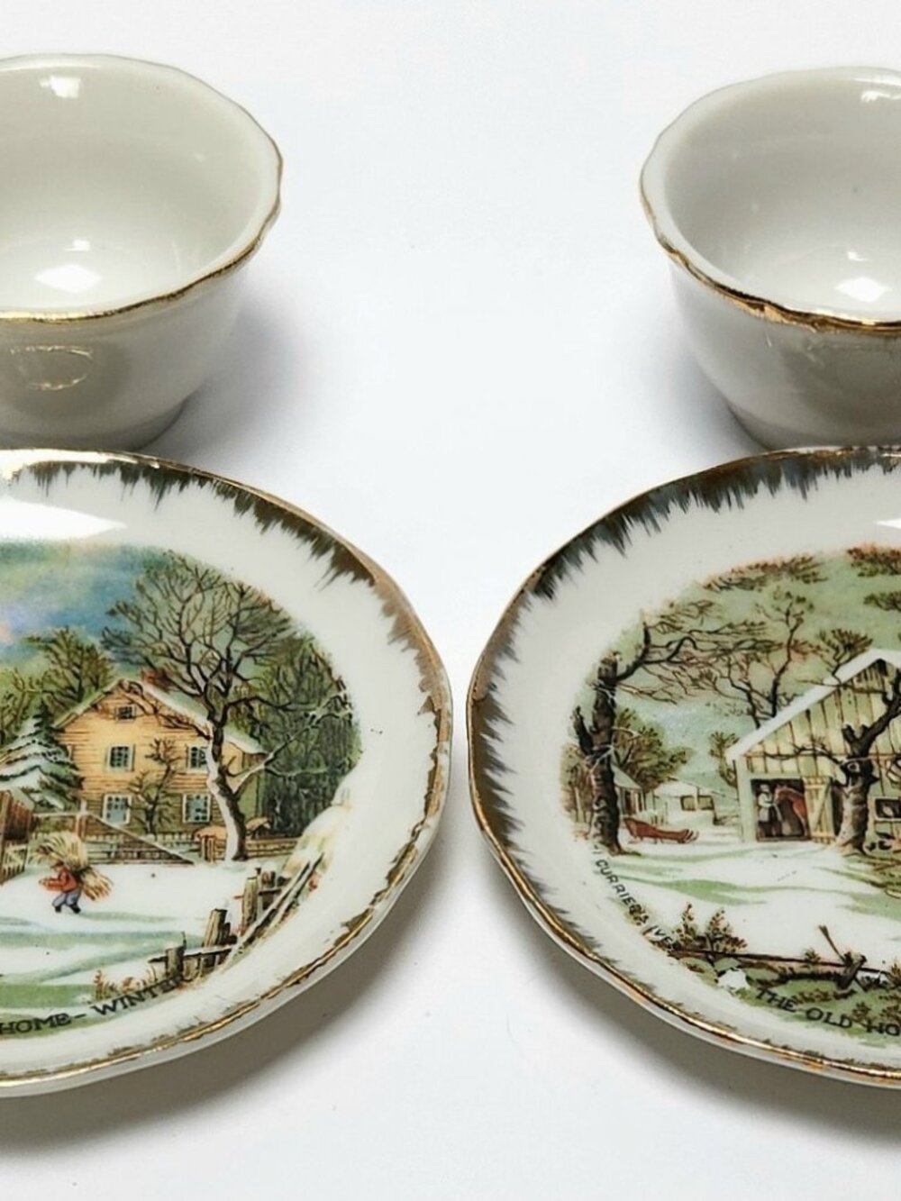 Vintage Currier and Ives Miniature Tea Set - Tea Cups 2.5" / Tea Plates 3.5"